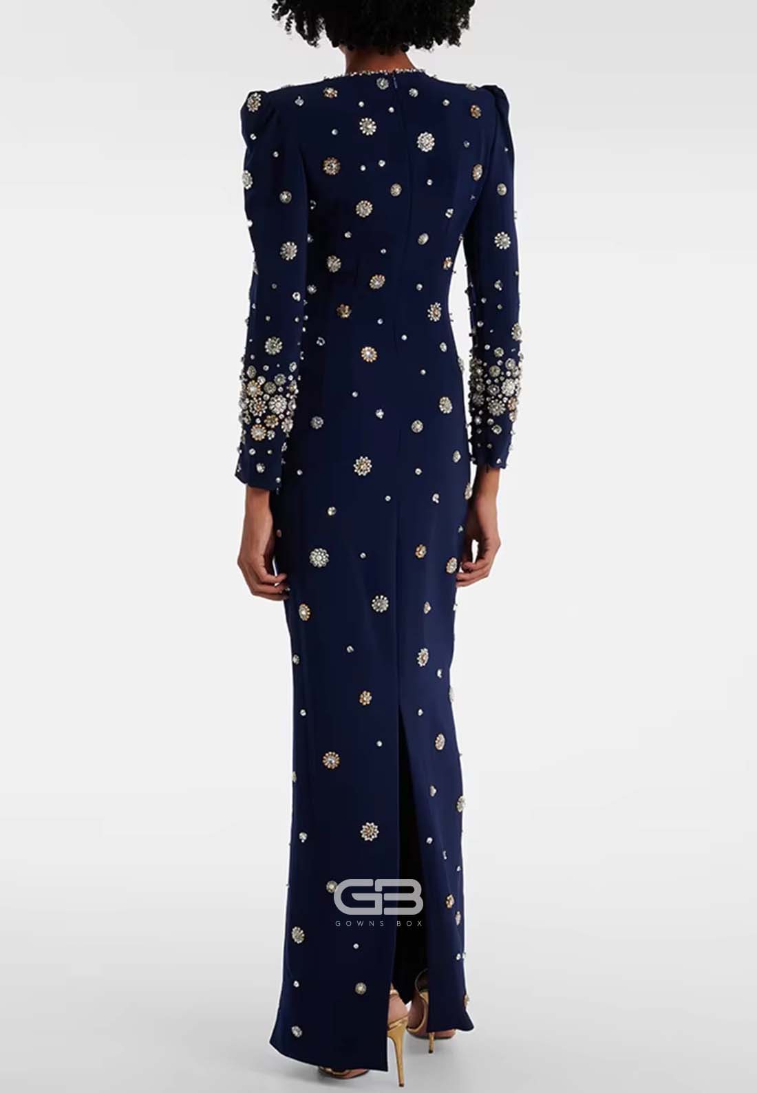 Sheath Long Sleeves Trim Formal Gowns Scoop Evening Gowns with Rhinestone