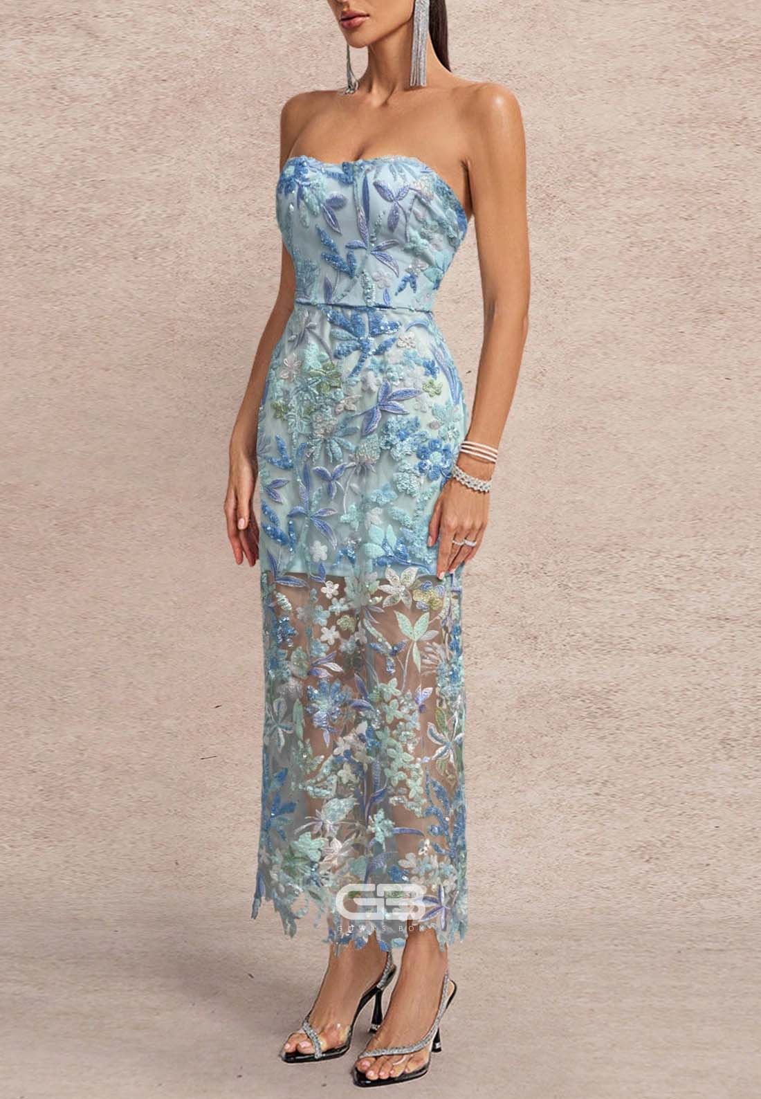 Elegant Sweetheart Embroidery Beaded Wedding Guest Strapless Ankle-Length Formal Dress