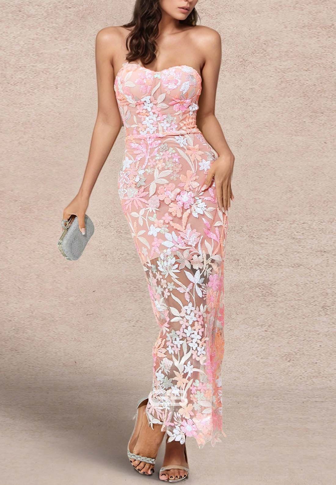 Elegant Sweetheart Embroidery Beaded Wedding Guest Strapless Ankle-Length Formal Dress