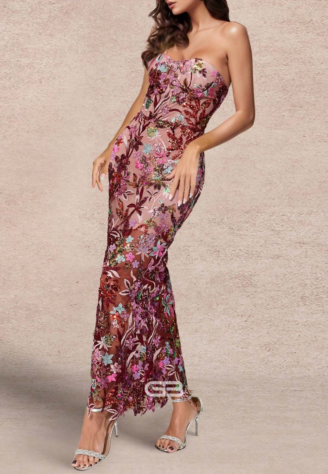 Elegant Sweetheart Embroidery Beaded Wedding Guest Strapless Ankle-Length Formal Dress