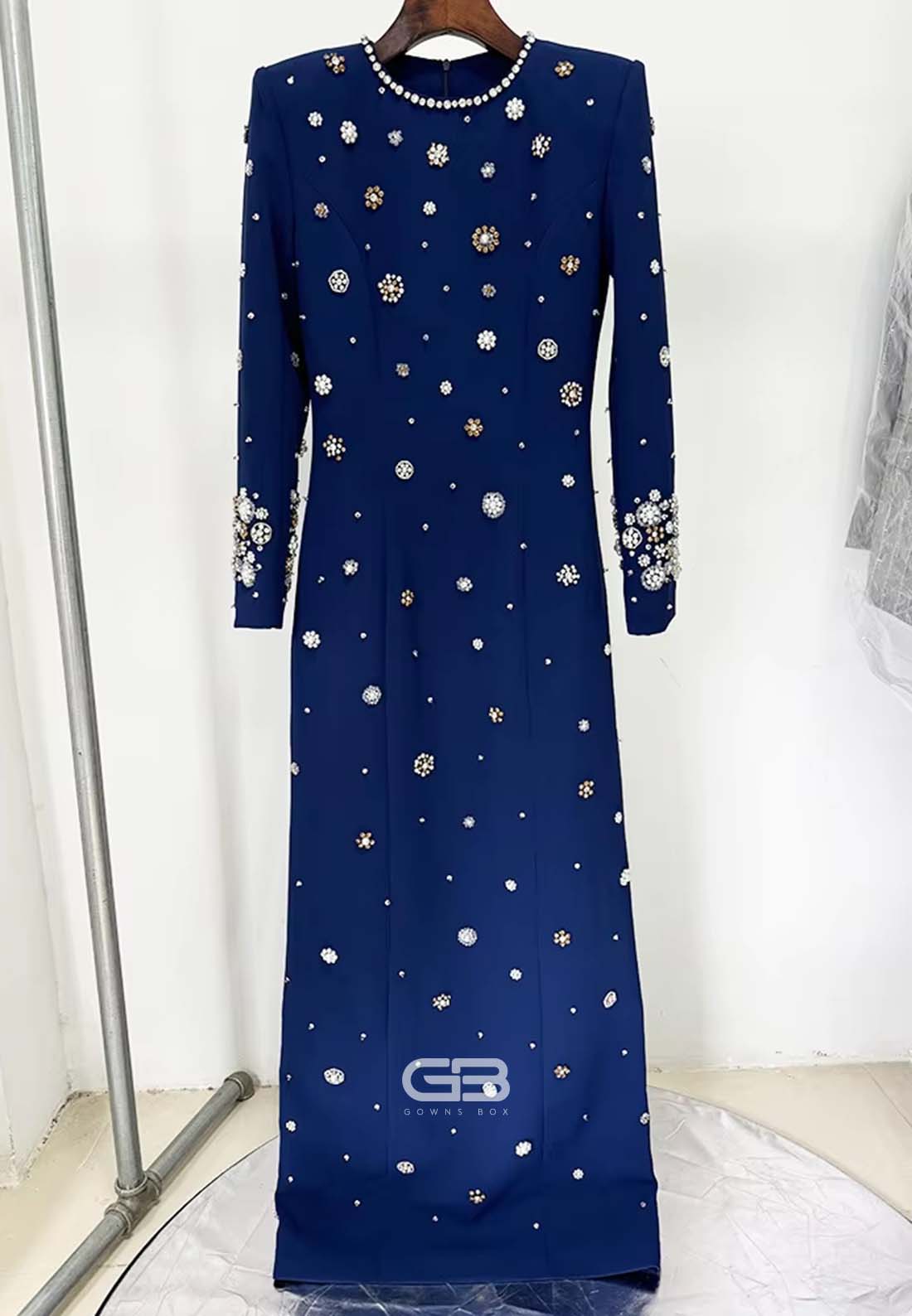 Sheath Long Sleeves Trim Formal Gowns Scoop Evening Gowns with Rhinestone