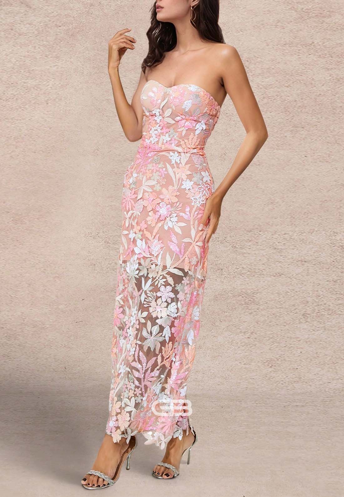 Elegant Sweetheart Embroidery Beaded Wedding Guest Strapless Ankle-Length Formal Dress