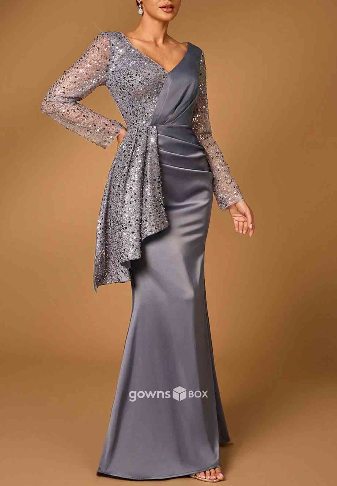 Long Sleeves Sequined V-Neck Mother of Bride Dresses Trumpet Pleated Floor-Length Evening Gowns-GownsBox