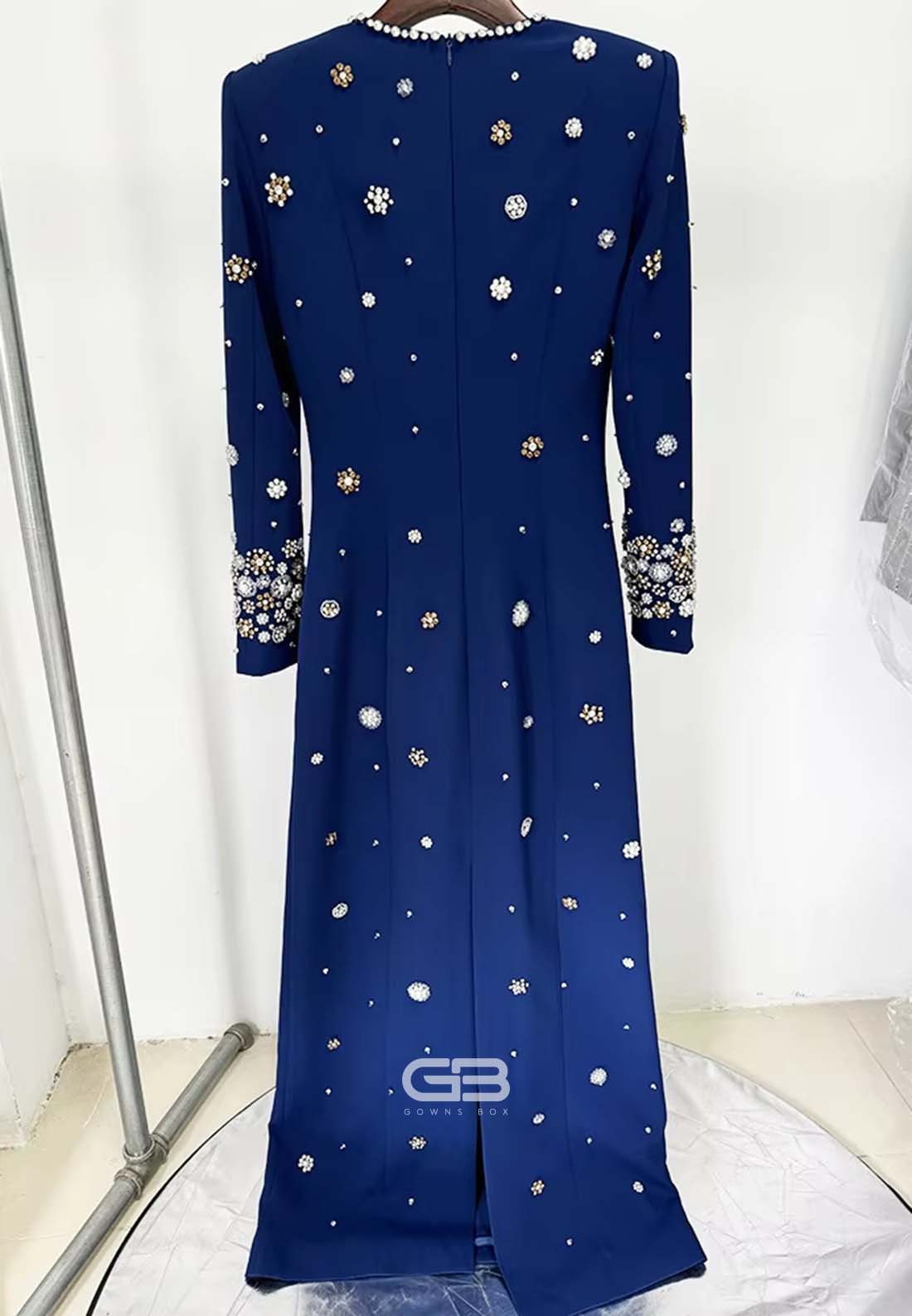 Sheath Long Sleeves Trim Formal Gowns Scoop Evening Gowns with Rhinestone