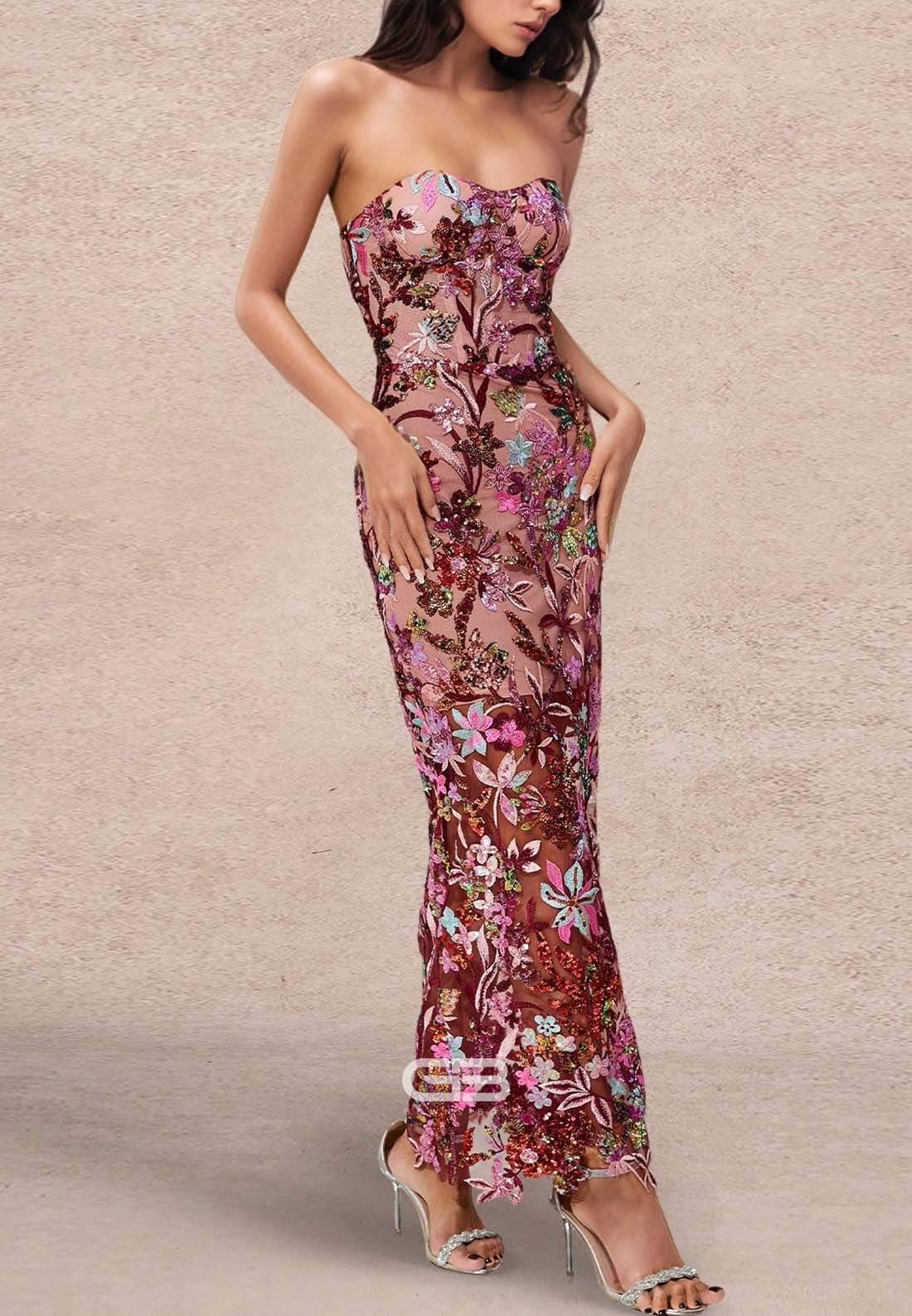 Elegant Sweetheart Embroidery Beaded Wedding Guest Strapless Ankle-Length Formal Dress