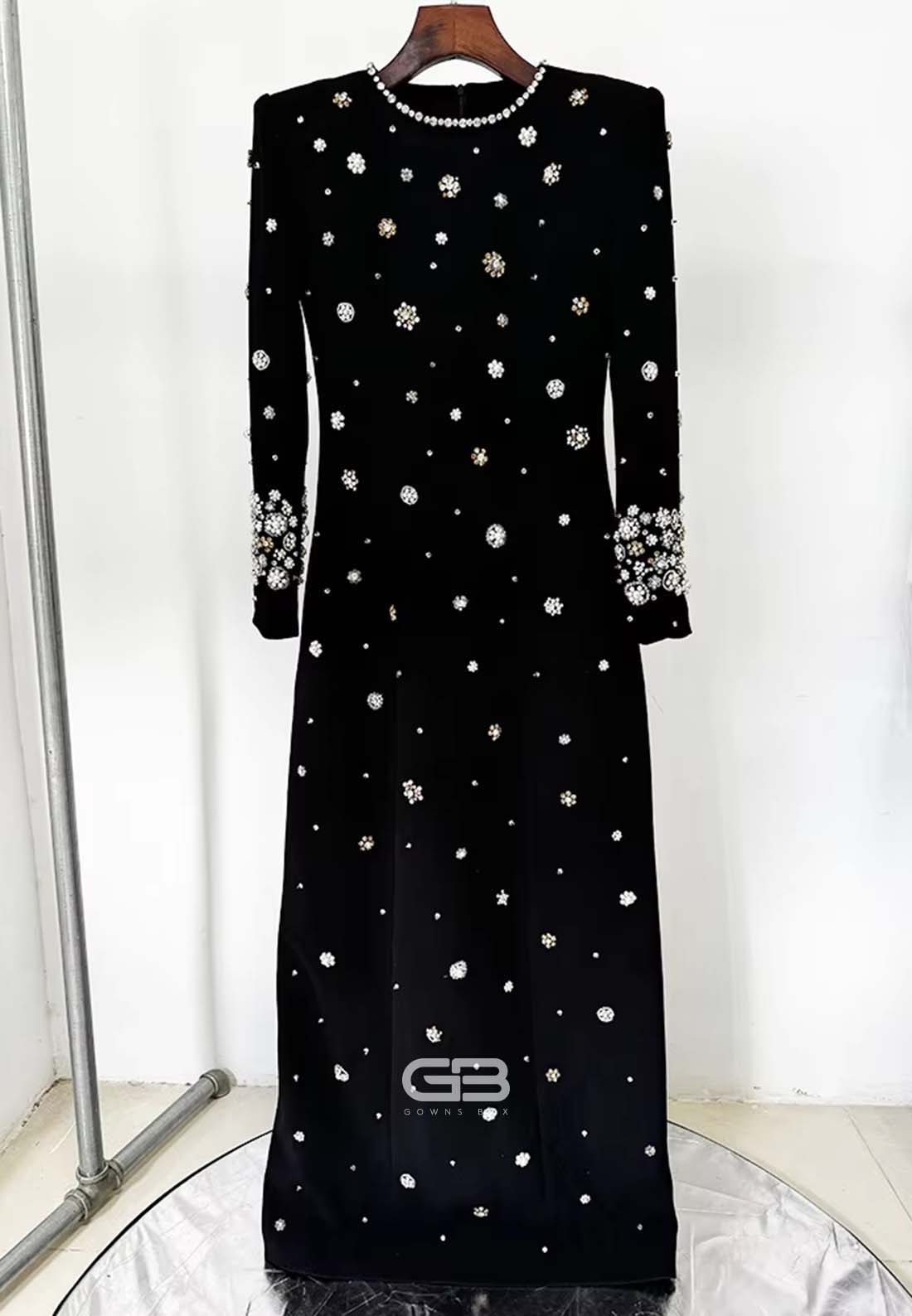 Sheath Long Sleeves Trim Formal Gowns Scoop Evening Gowns with Rhinestone
