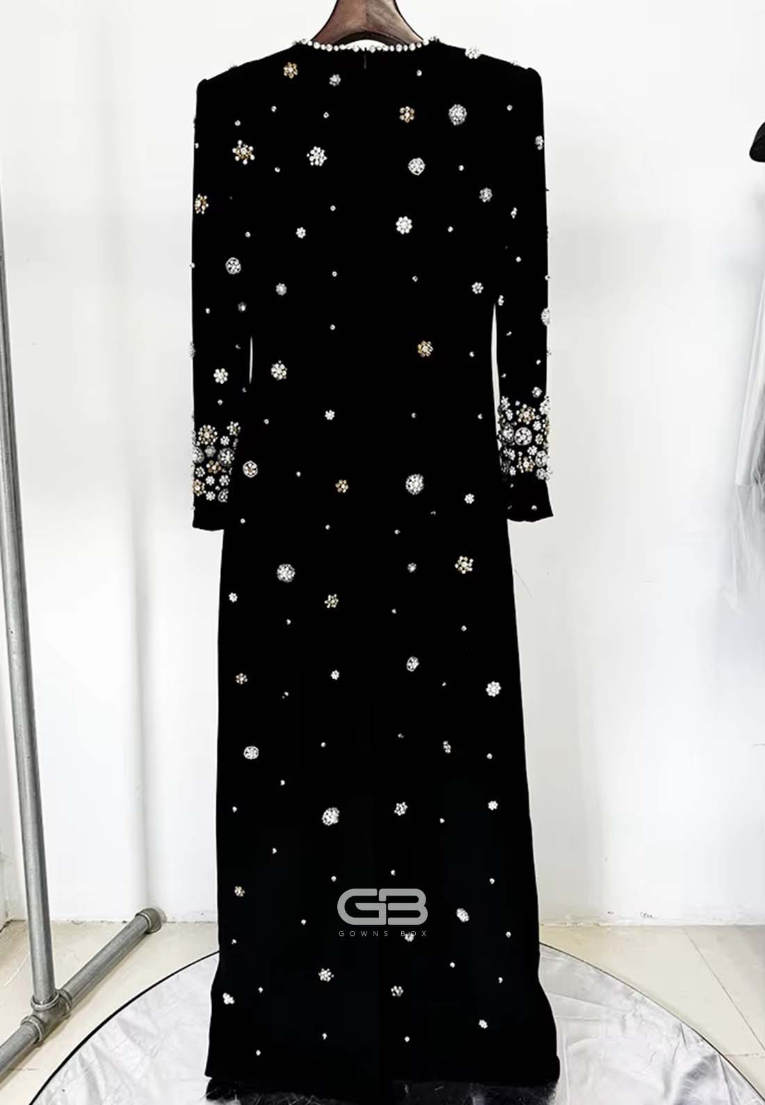 Sheath Long Sleeves Trim Formal Gowns Scoop Evening Gowns with Rhinestone