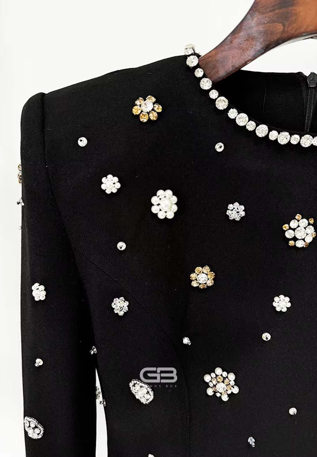 Sheath Long Sleeves Trim Formal Gowns Scoop Evening Gowns with Rhinestone