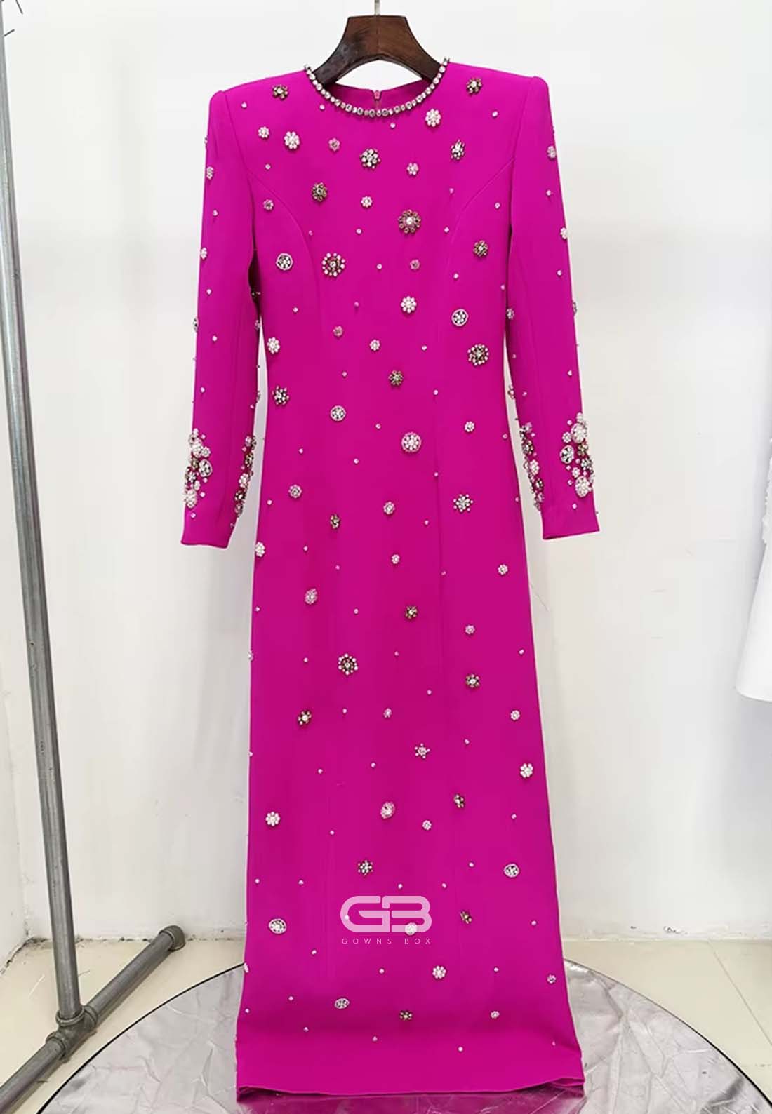 Sheath Long Sleeves Trim Formal Gowns Scoop Evening Gowns with Rhinestone