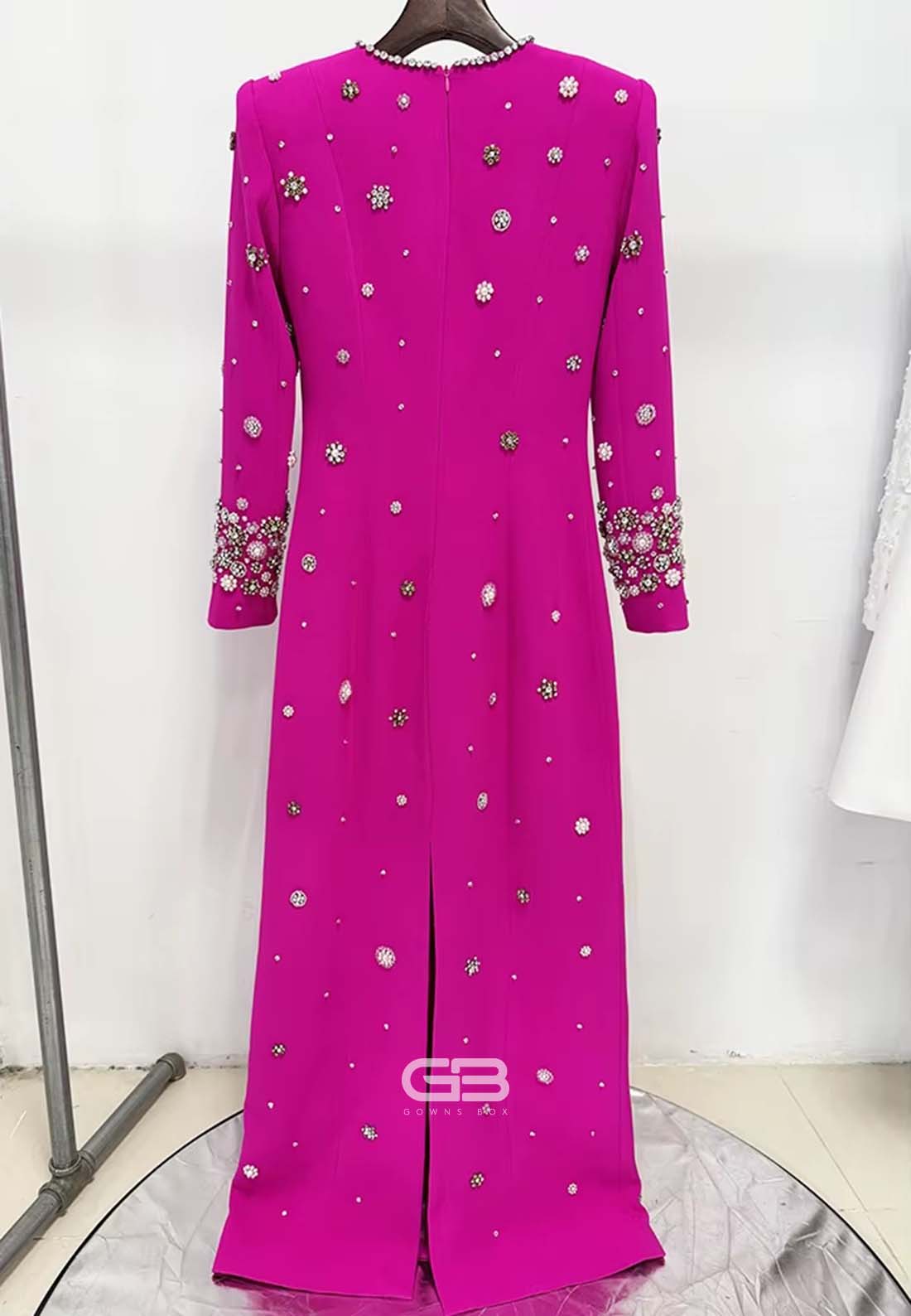 Sheath Long Sleeves Trim Formal Gowns Scoop Evening Gowns with Rhinestone