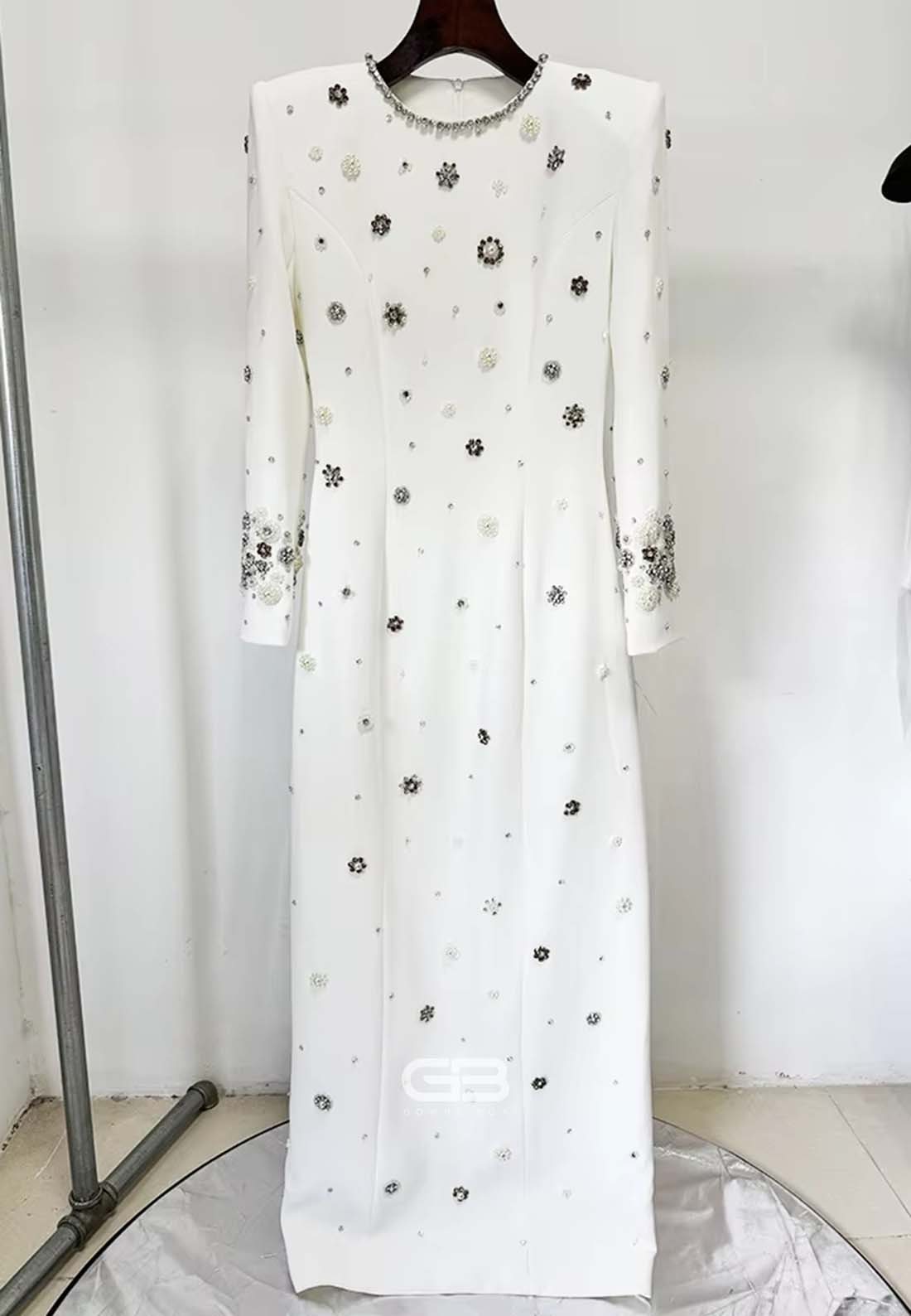 Sheath Long Sleeves Trim Formal Gowns Scoop Evening Gowns with Rhinestone