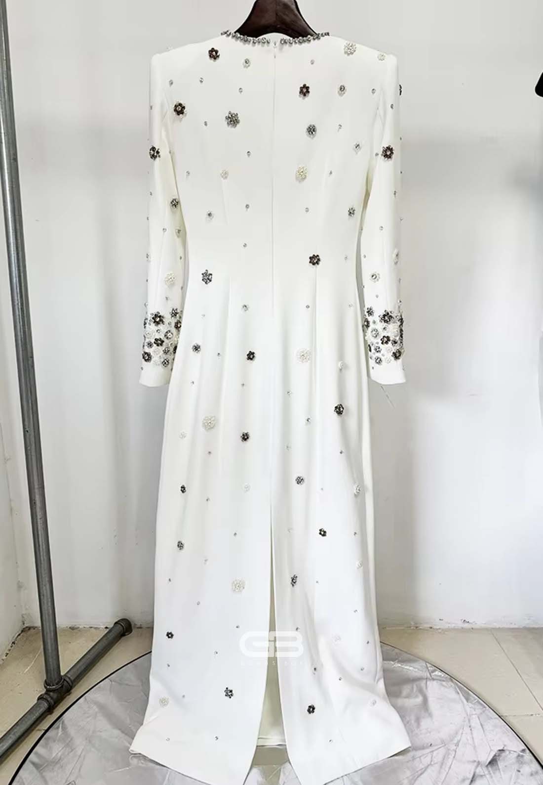 Sheath Long Sleeves Trim Formal Gowns Scoop Evening Gowns with Rhinestone