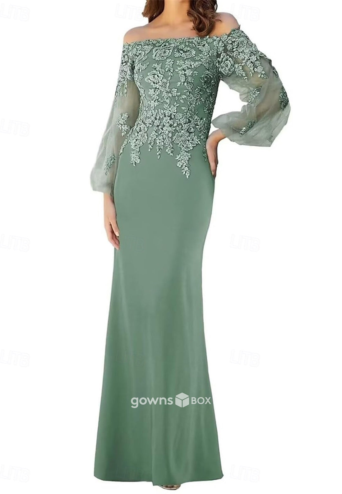 Off-Shoulder Long Sleeves Trumpet Appliques Floor-Length Mother of the Bride Dresses-GownsBox