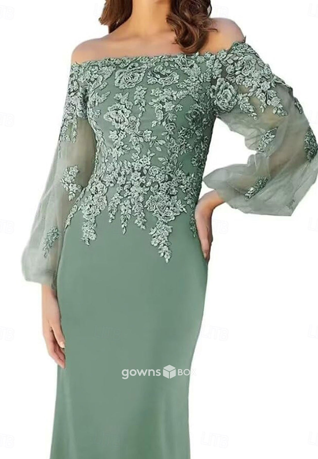 Off-Shoulder Long Sleeves Trumpet Appliques Floor-Length Mother of the Bride Dresses-GownsBox