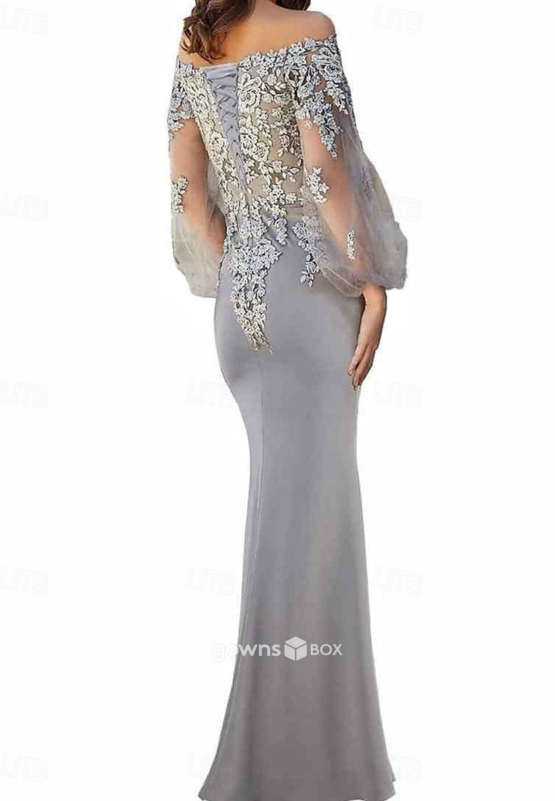 Off-Shoulder Long Sleeves Trumpet Appliques Floor-Length Mother of the Bride Dresses-GownsBox