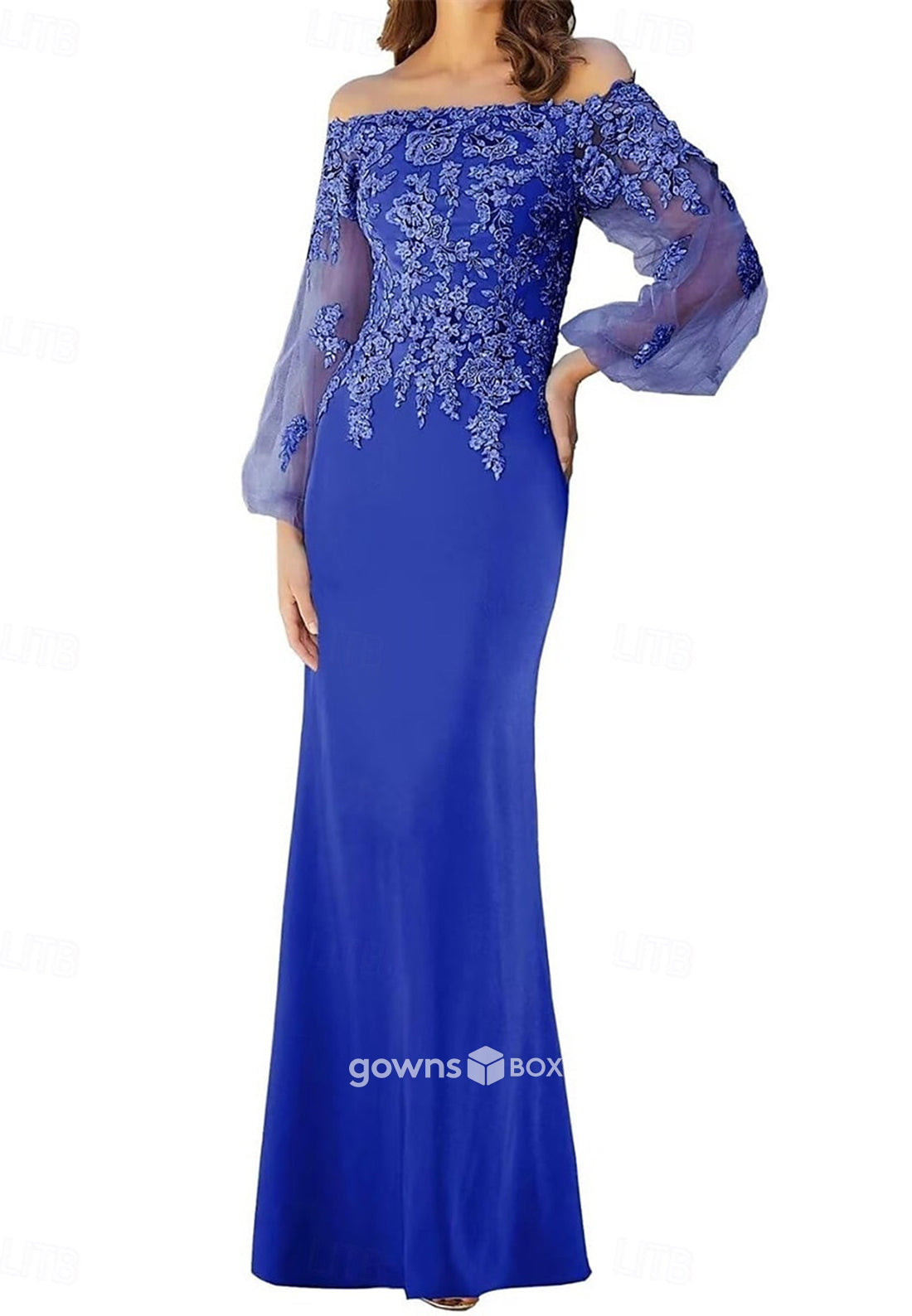 Off-Shoulder Long Sleeves Trumpet Appliques Floor-Length Mother of the Bride Dresses-GownsBox