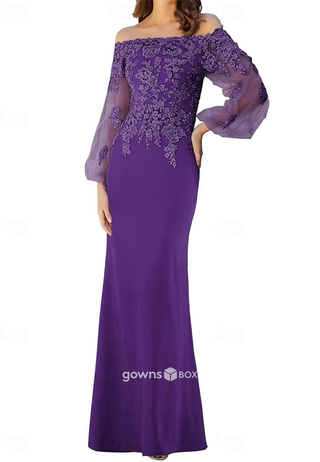 Off-Shoulder Long Sleeves Trumpet Appliques Floor-Length Mother of the Bride Dresses-GownsBox