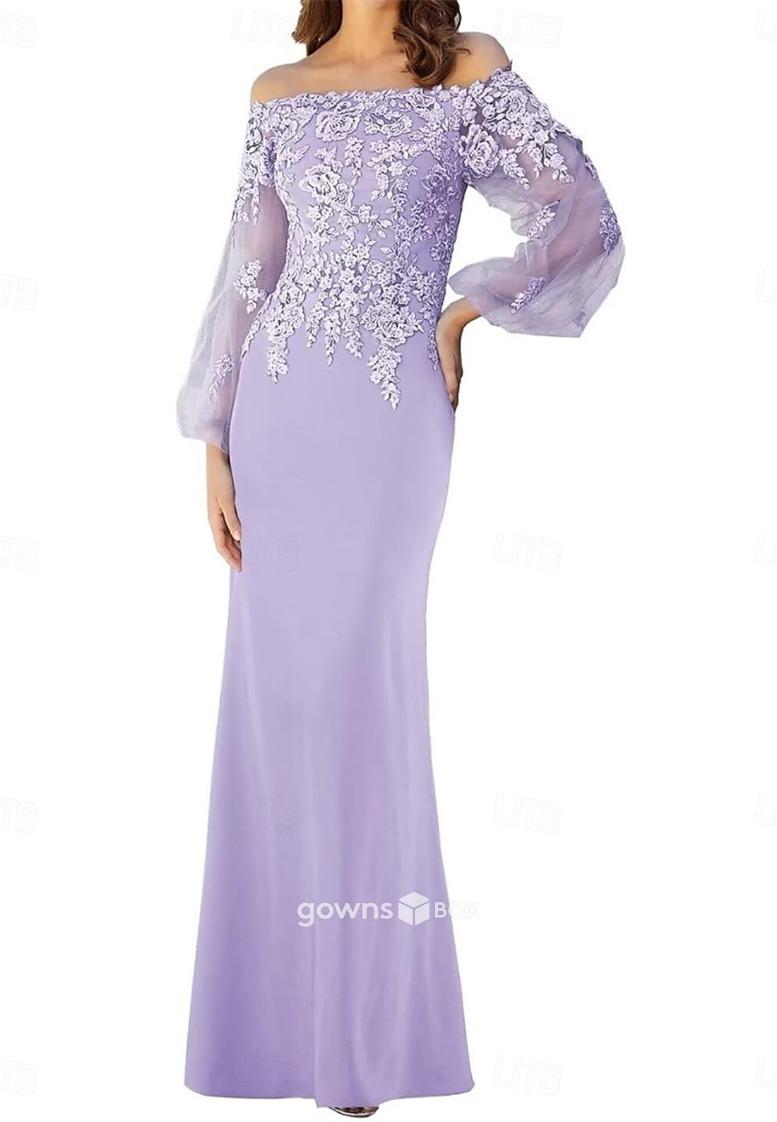 Off-Shoulder Long Sleeves Trumpet Appliques Floor-Length Mother of the Bride Dresses-GownsBox