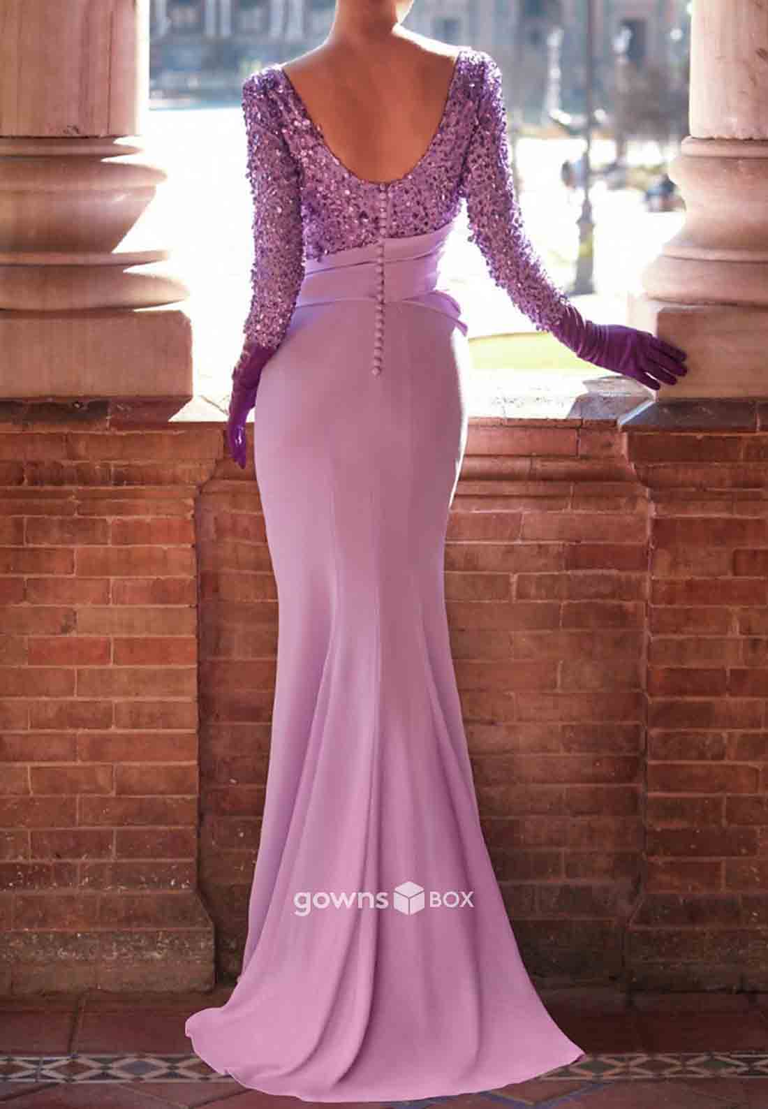 Mermaid Floor-Length Beading Long Sleeves Bowknot Low Back Prom Dresses-GownsBox