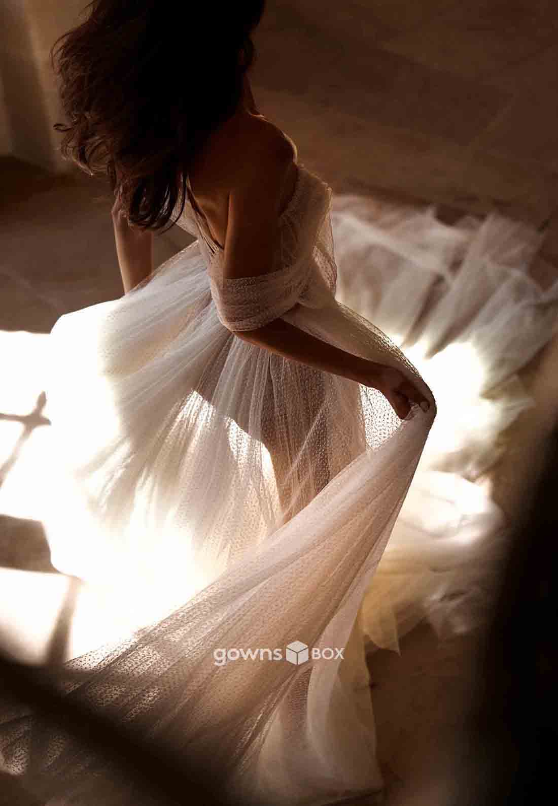 Off-Shoulder High Slit Sweetheart Empire Chapel Train Wedding Dresses-GownsBox