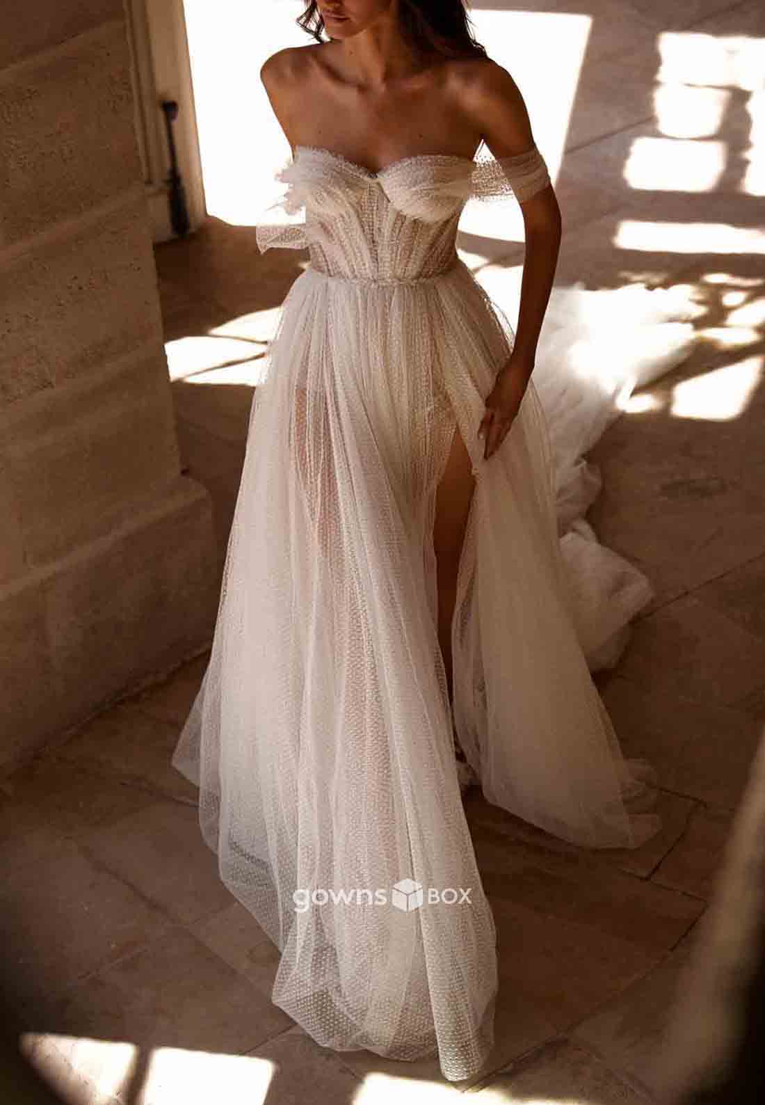 Off-Shoulder High Slit Sweetheart Empire Chapel Train Wedding Dresses-GownsBox