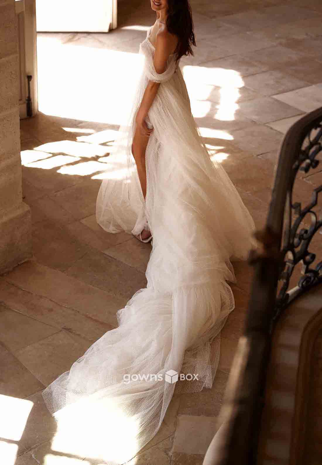 Off-Shoulder High Slit Sweetheart Empire Chapel Train Wedding Dresses-GownsBox