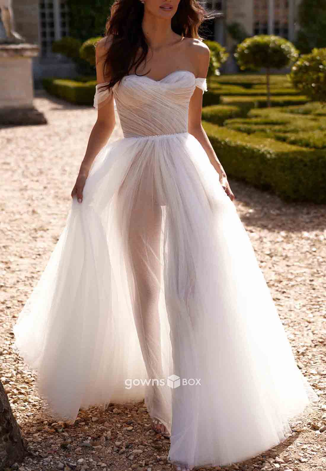Off-Shoulder Floor-Length Sweetheart A-Line Empire Crisscross Back Wedding Dresses-GownsBox
