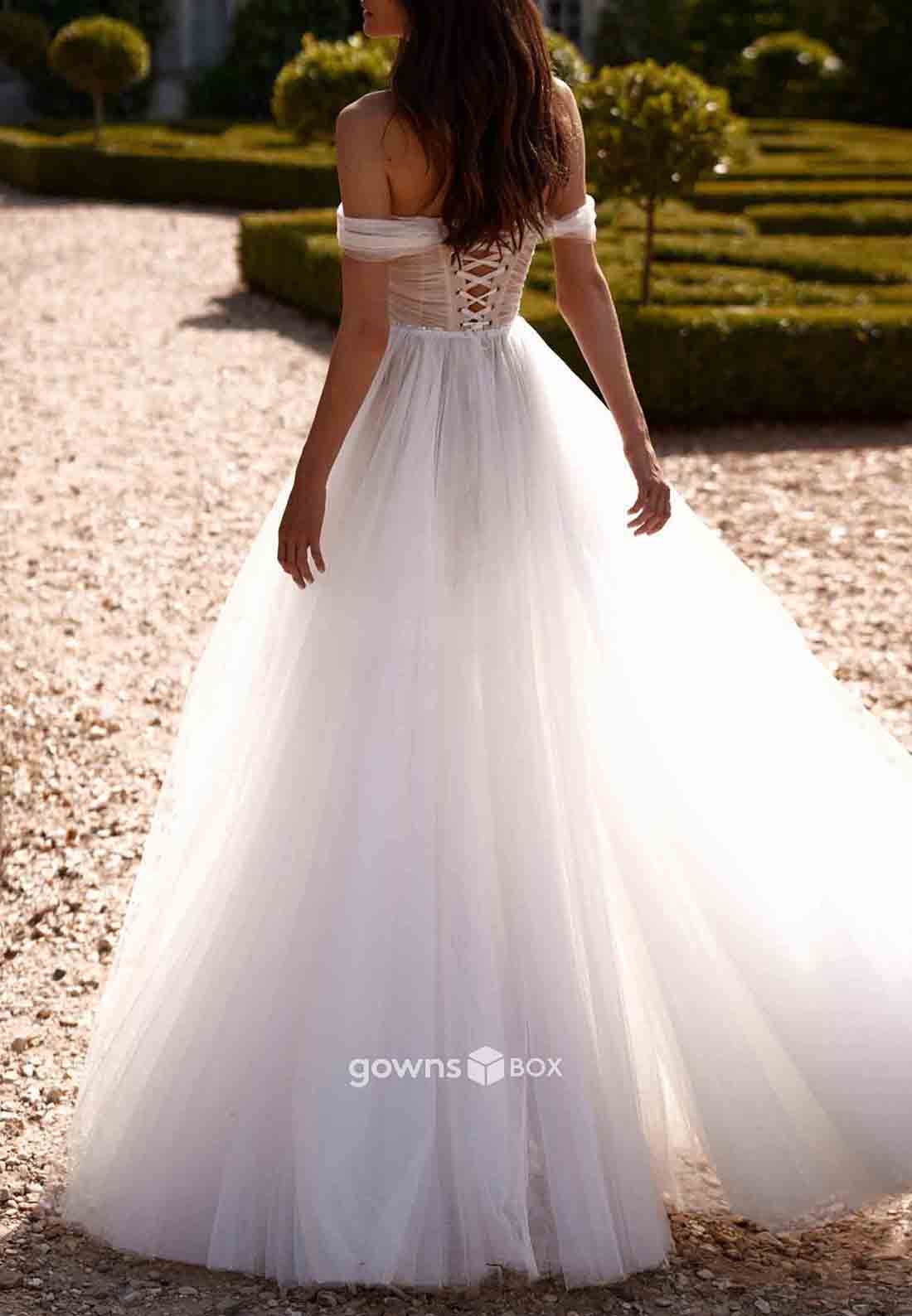 Off-Shoulder Floor-Length Sweetheart A-Line Empire Crisscross Back Wedding Dresses-GownsBox