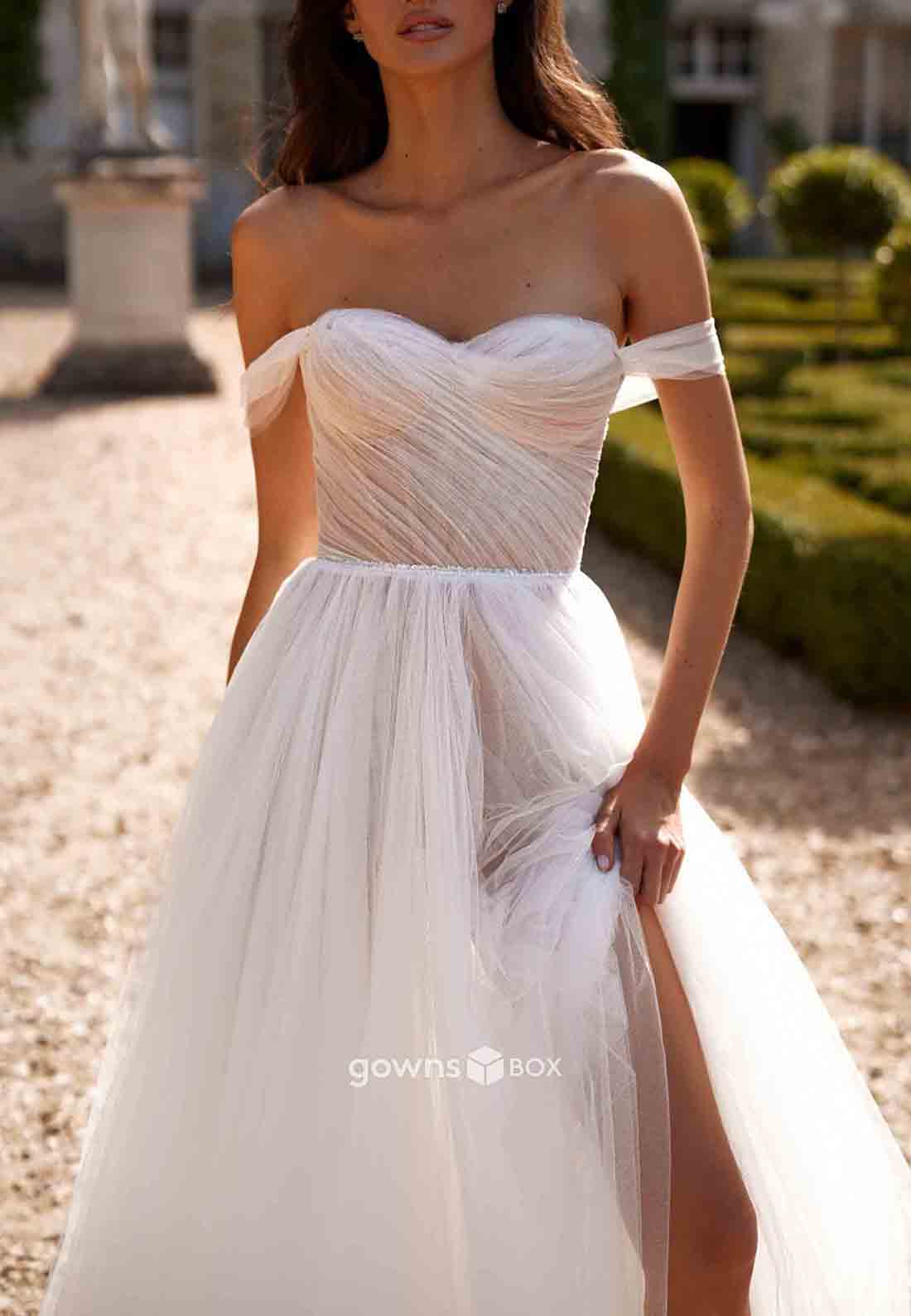 Off-Shoulder Floor-Length Sweetheart A-Line Empire Crisscross Back Wedding Dresses-GownsBox