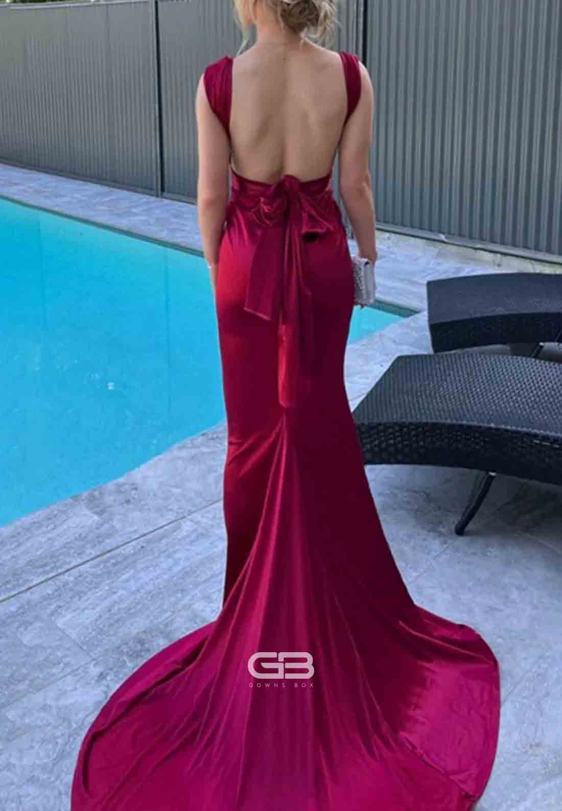 Burgundy Mermaid Straps Open Back Satin Pleated Long Prom Dresses