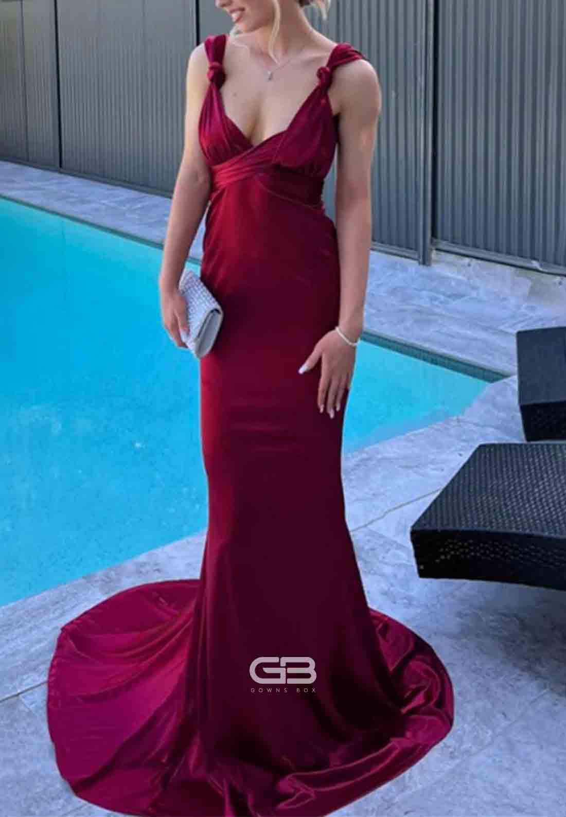 Burgundy Mermaid Straps Open Back Satin Pleated Long Prom Dresses