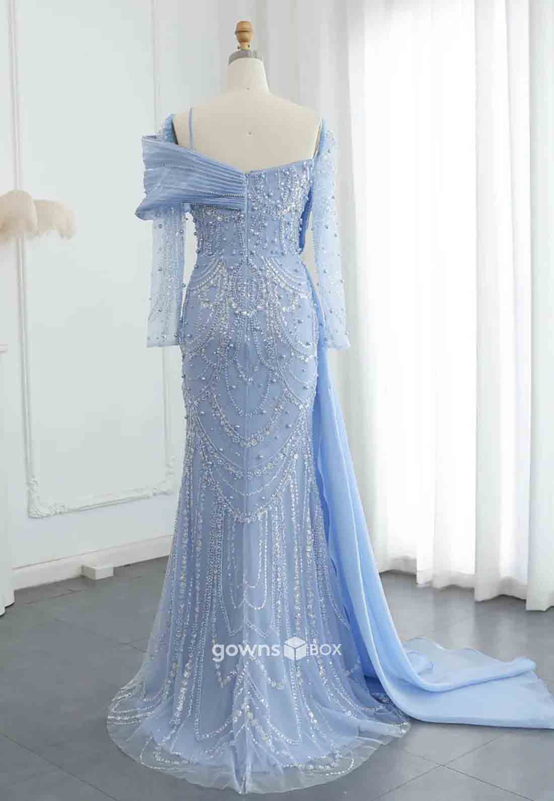 Elegant Beading Side Draping Long Sleeves Floor-Length Trumpet Evening Gowns-GownsBox