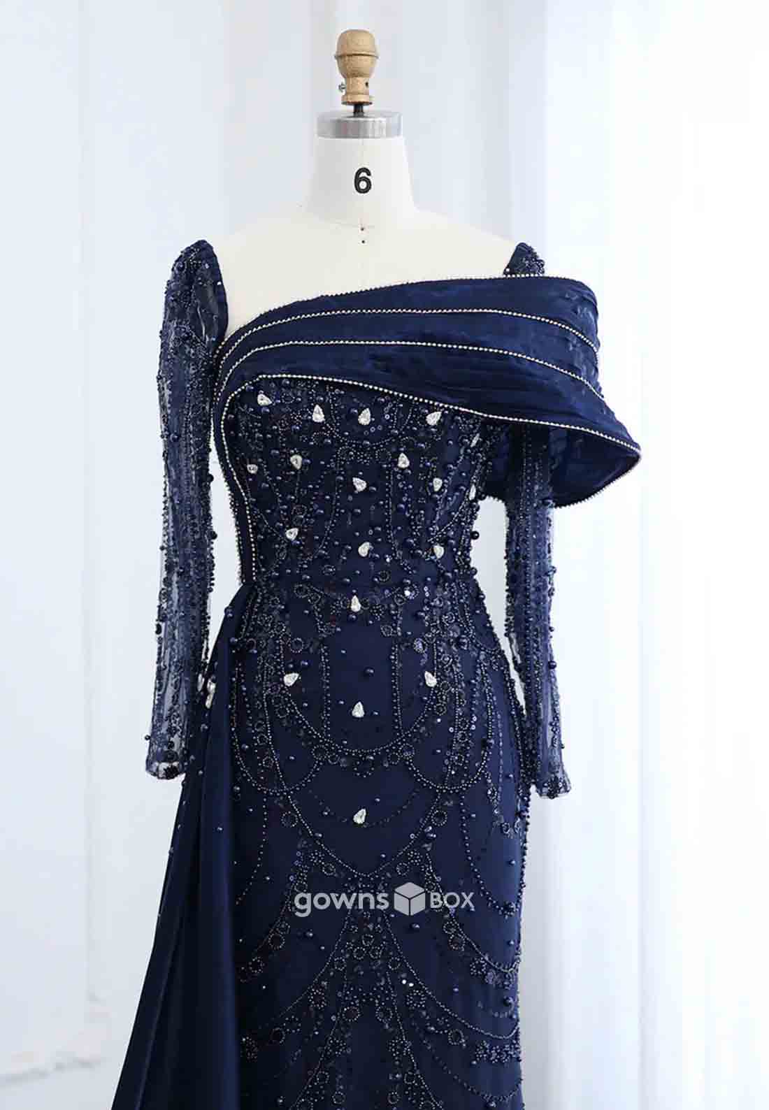 Elegant Beading Side Draping Long Sleeves Floor-Length Trumpet Evening Gowns-GownsBox