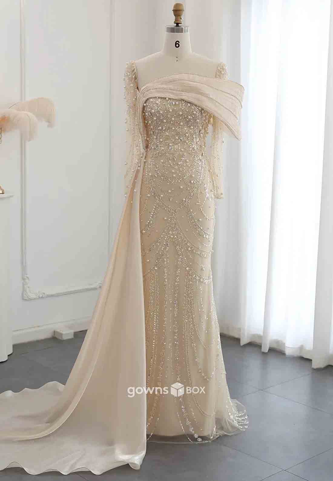 Elegant Beading Side Draping Long Sleeves Floor-Length Trumpet Evening Gowns-GownsBox