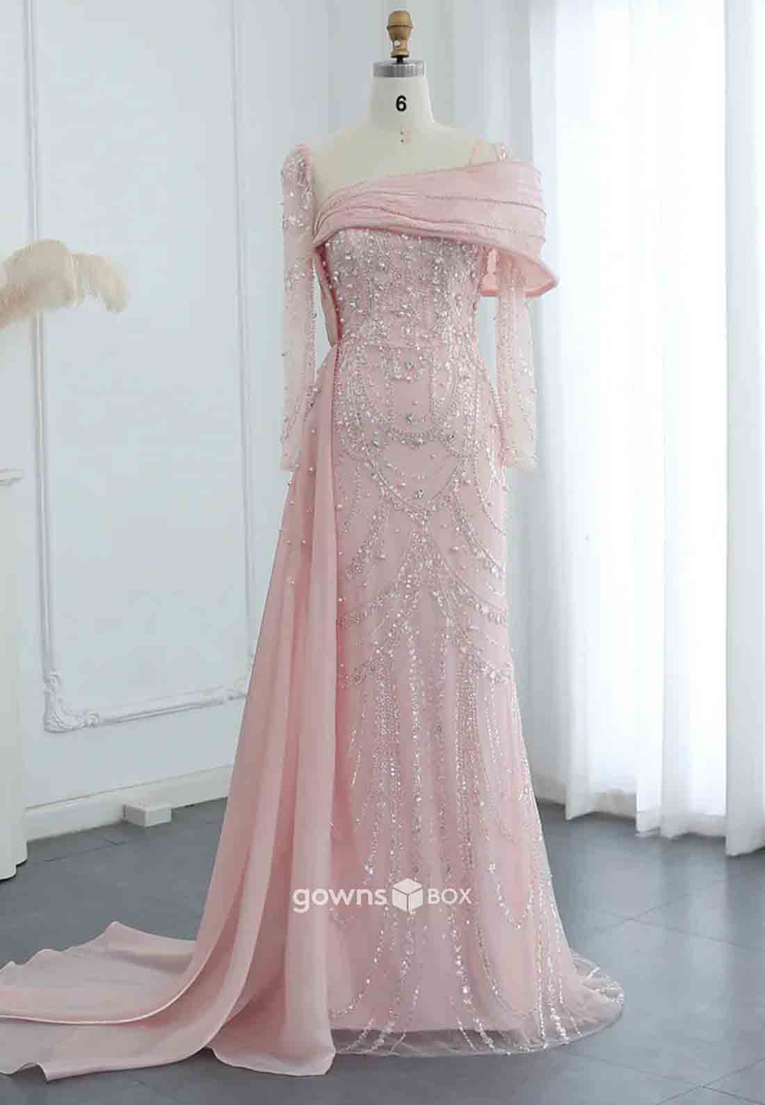 Elegant Beading Side Draping Long Sleeves Floor-Length Trumpet Evening Gowns-GownsBox