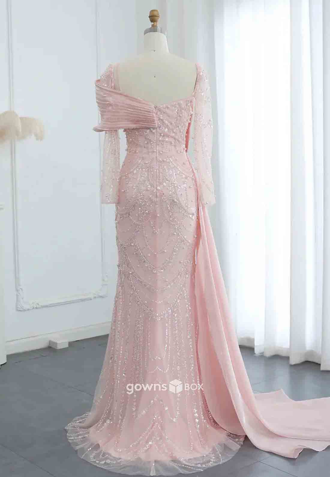 Elegant Beading Side Draping Long Sleeves Floor-Length Trumpet Evening Gowns-GownsBox