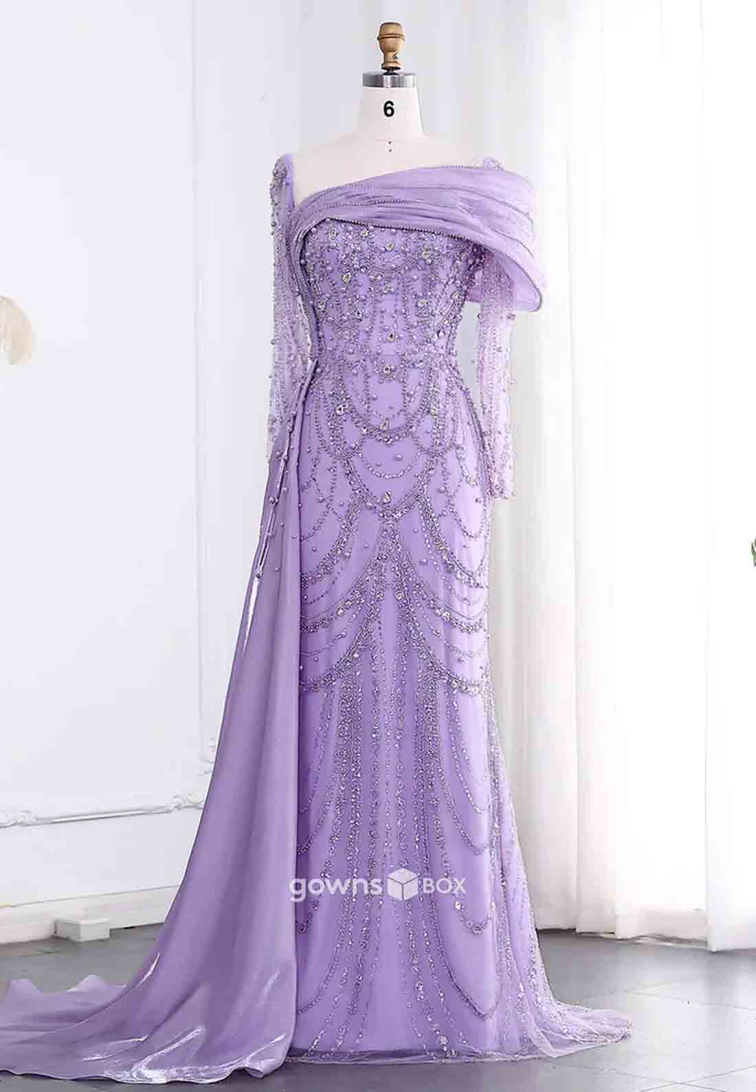 Elegant Beading Side Draping Long Sleeves Floor-Length Trumpet Evening Gowns-GownsBox