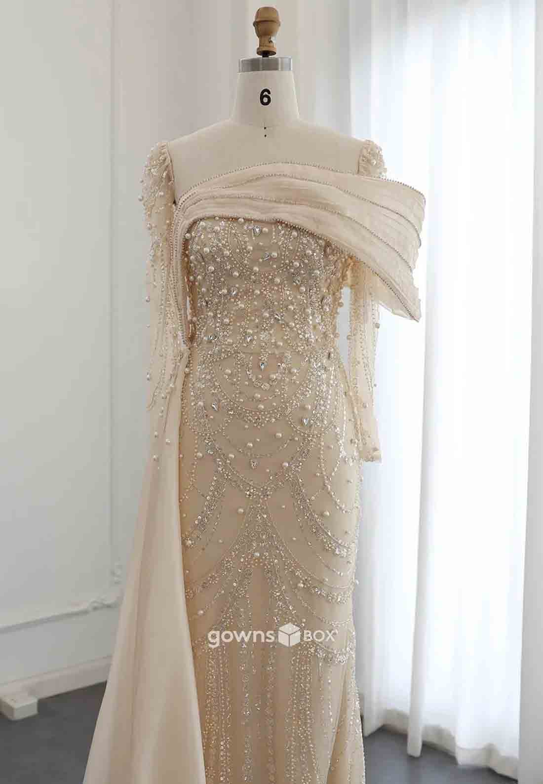Elegant Beading Side Draping Long Sleeves Floor-Length Trumpet Evening Gowns-GownsBox