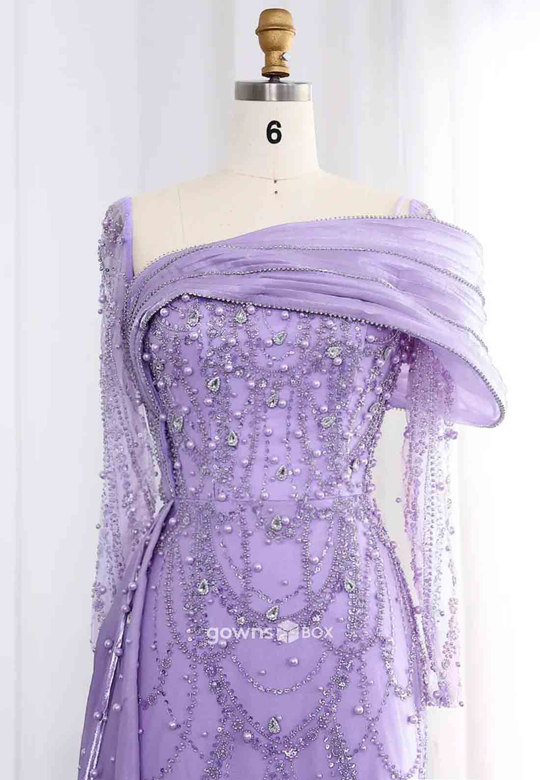 Elegant Beading Side Draping Long Sleeves Floor-Length Trumpet Evening Gowns-GownsBox