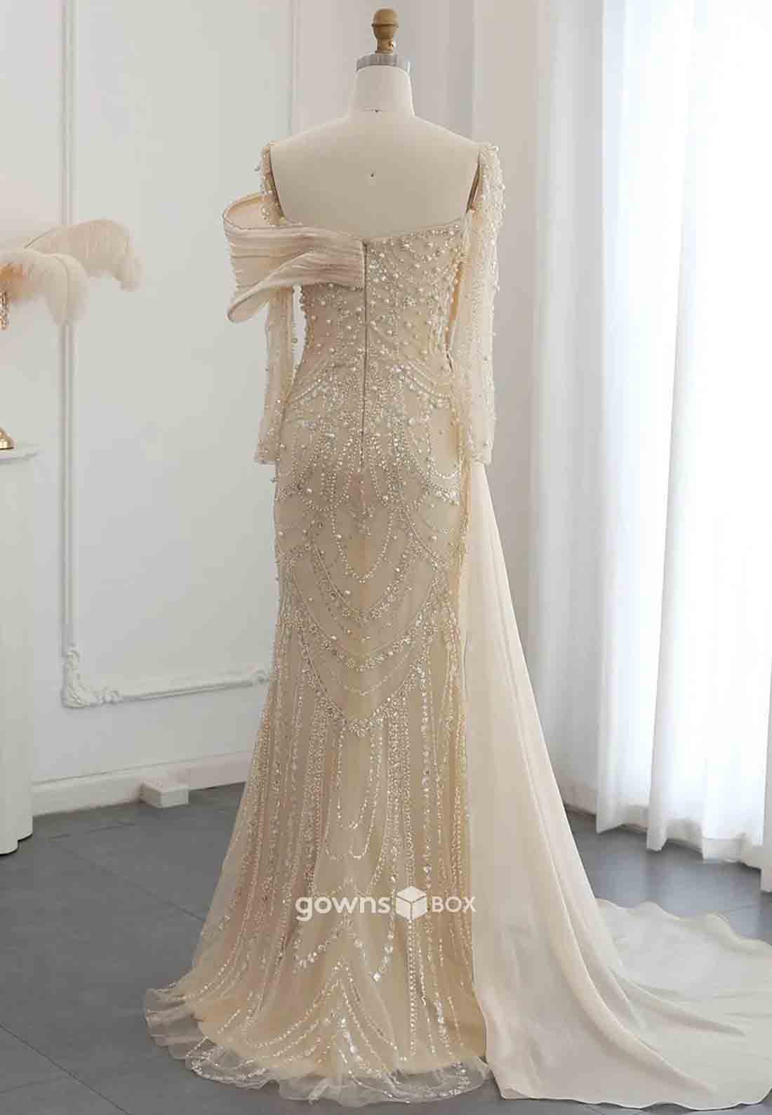 Elegant Beading Side Draping Long Sleeves Floor-Length Trumpet Evening Gowns-GownsBox