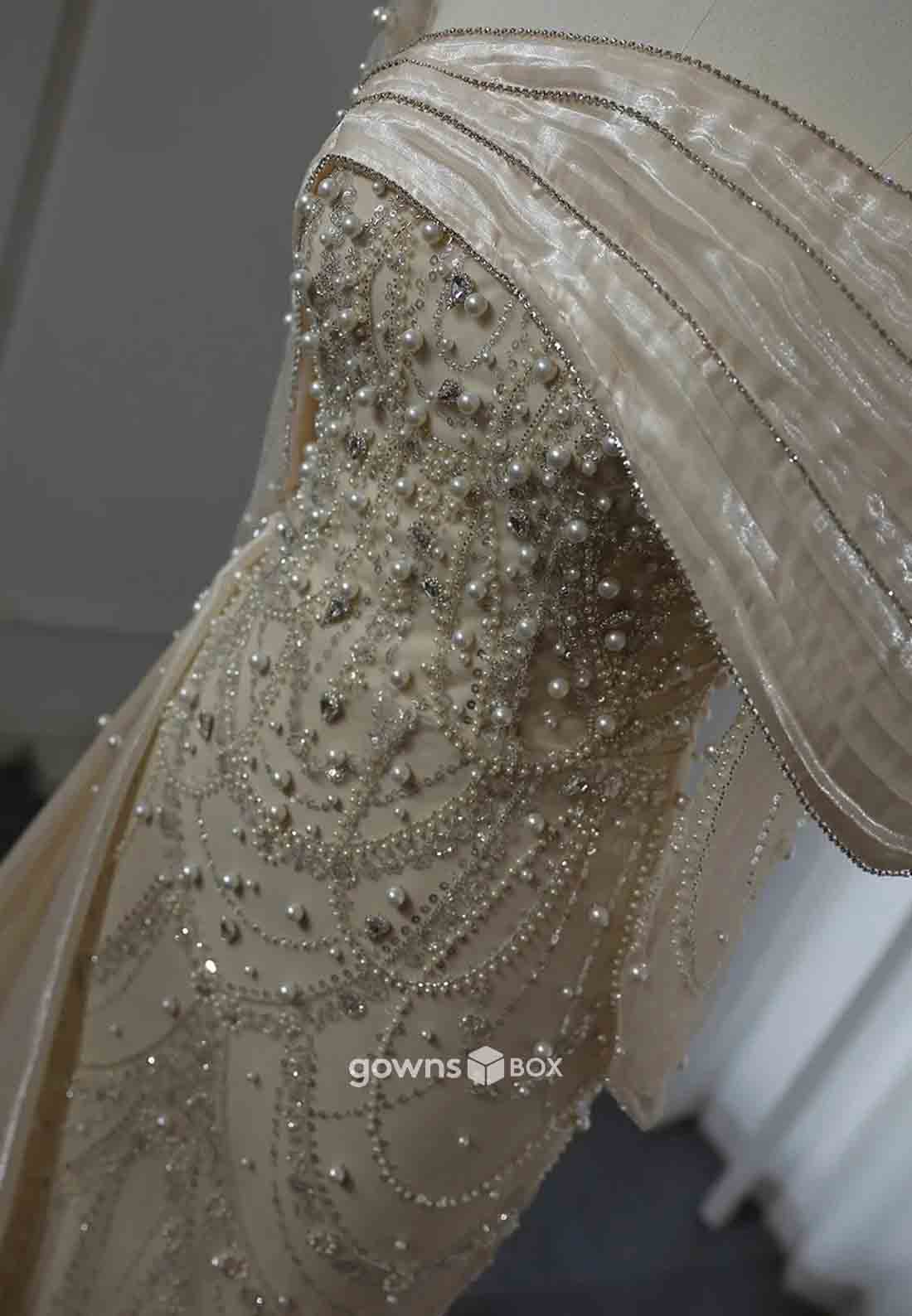 Elegant Beading Side Draping Long Sleeves Floor-Length Trumpet Evening Gowns-GownsBox