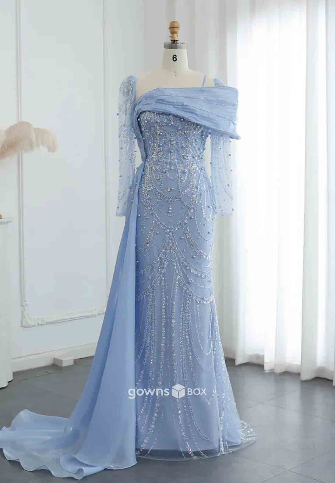 Elegant Beading Side Draping Long Sleeves Floor-Length Trumpet Evening Gowns-GownsBox