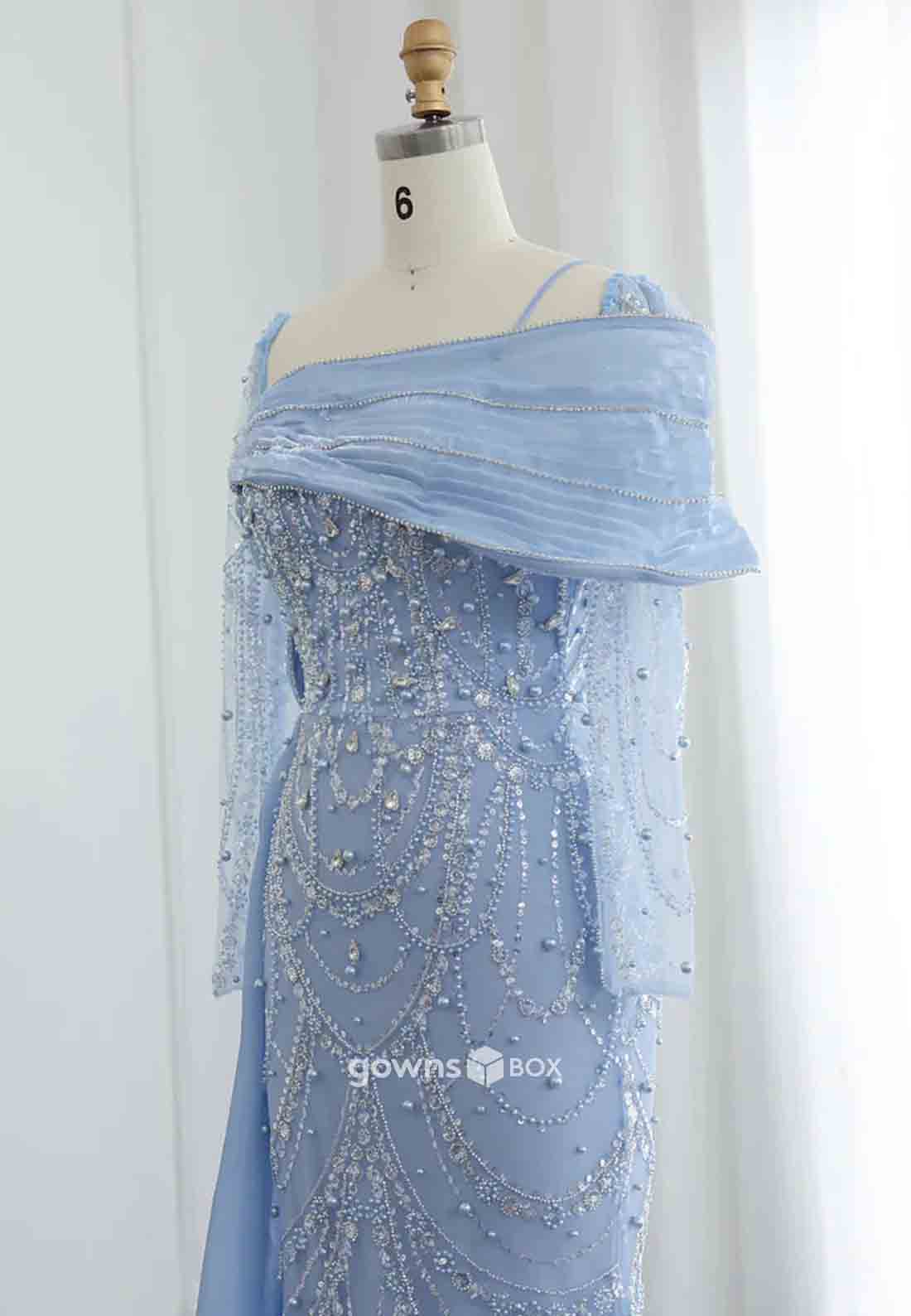 Elegant Beading Side Draping Long Sleeves Floor-Length Trumpet Evening Gowns-GownsBox