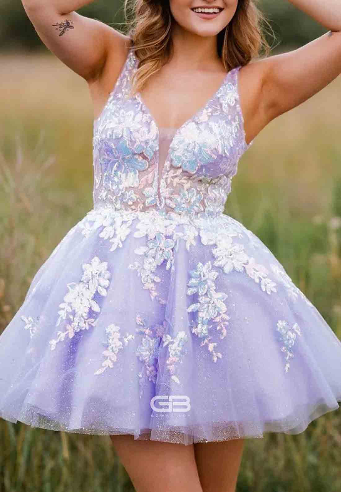 Lilac Sparkly Regular Straps Low Back Tulle A-Line Short Homecoming Dress