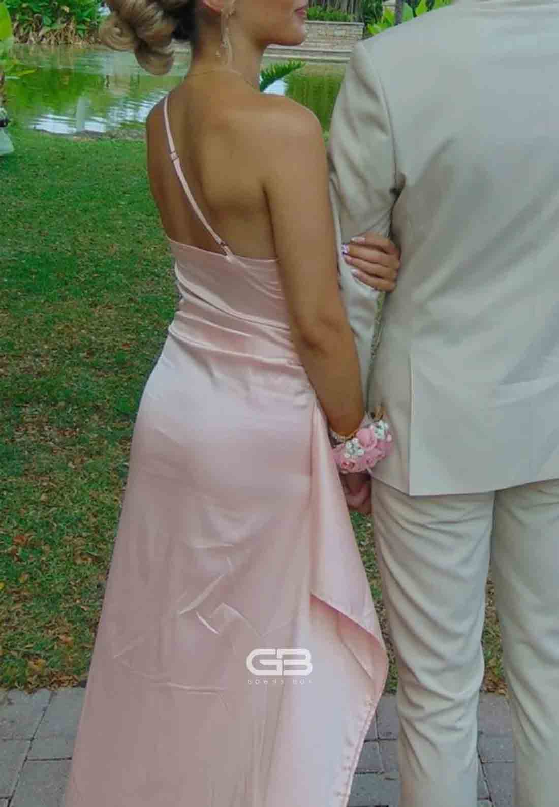 One Shoulder Blush Pink Ruched Long Prom Dress with Slit 