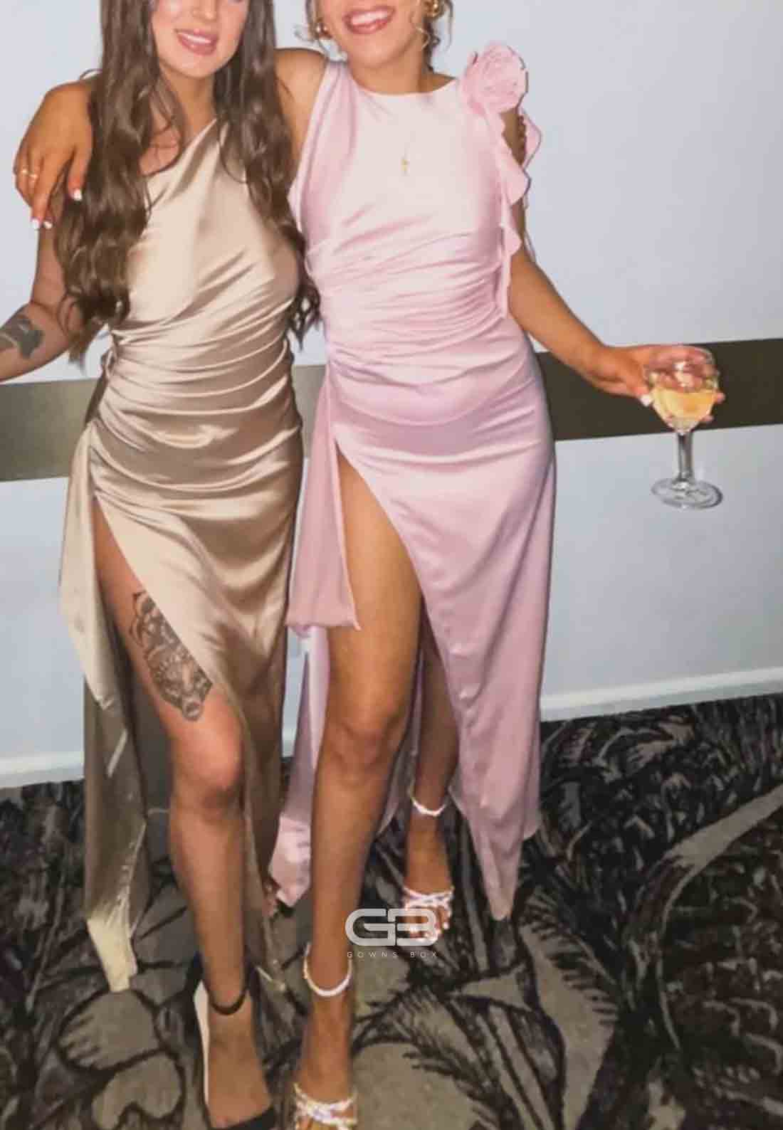 One Shoulder Blush Pink Ruched Long Prom Dress with Slit 