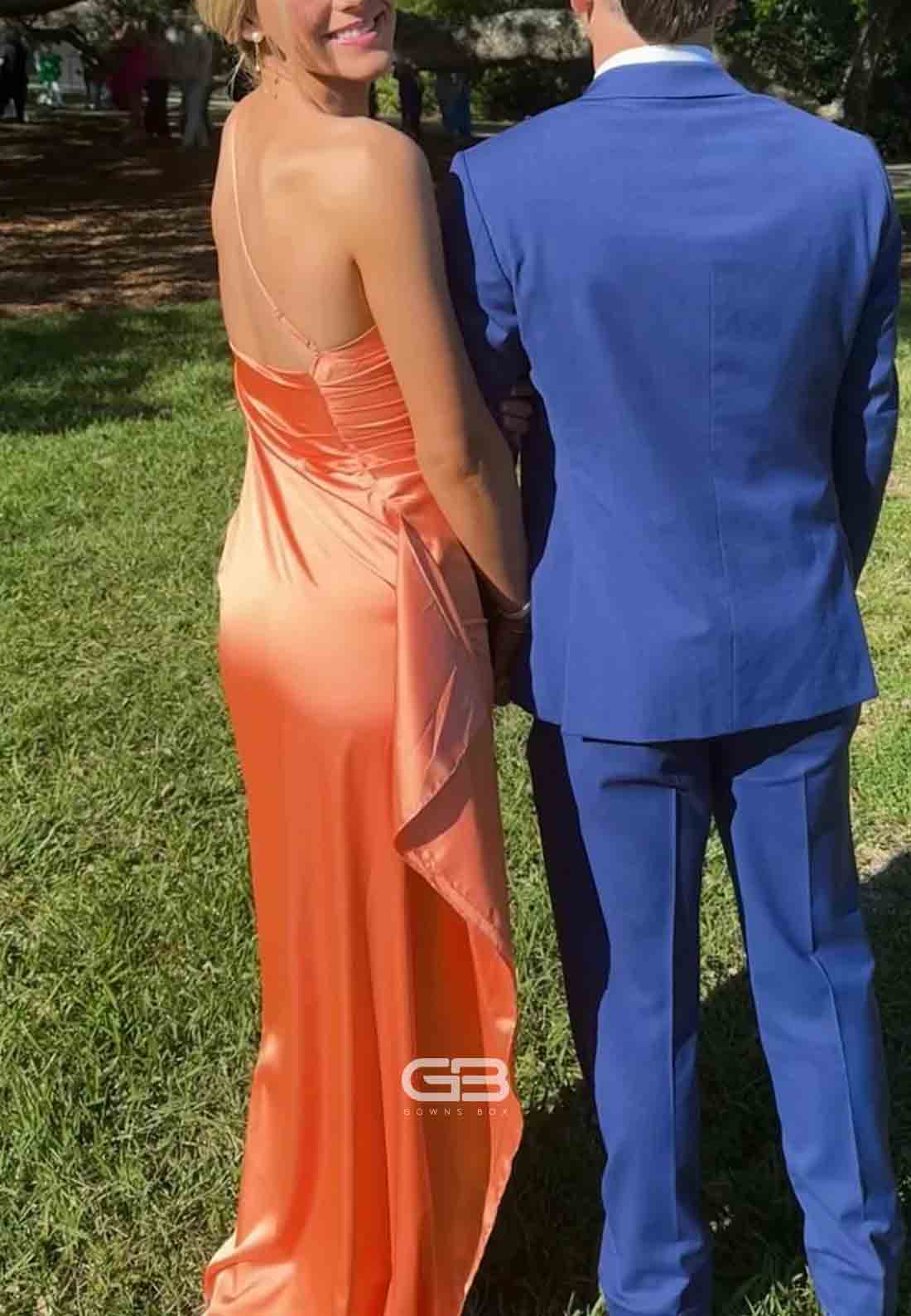 One Shoulder Blush Pink Ruched Long Prom Dress with Slit 