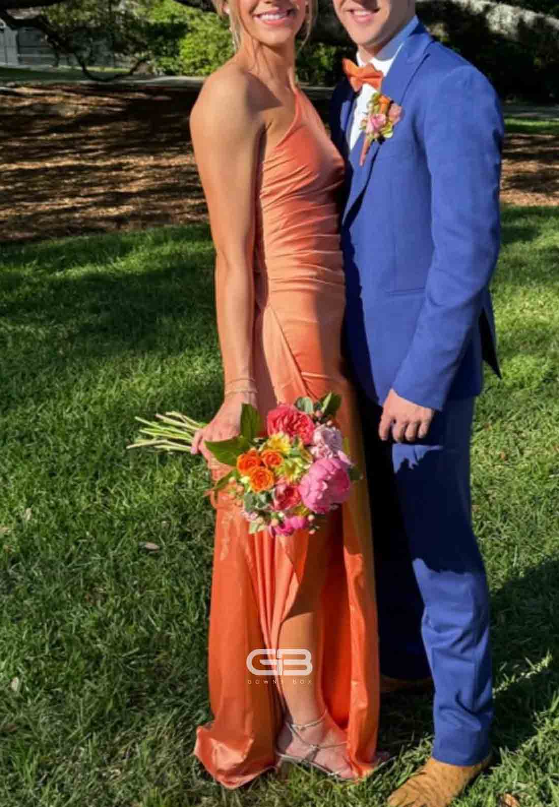 One Shoulder Blush Pink Ruched Long Prom Dress with Slit 