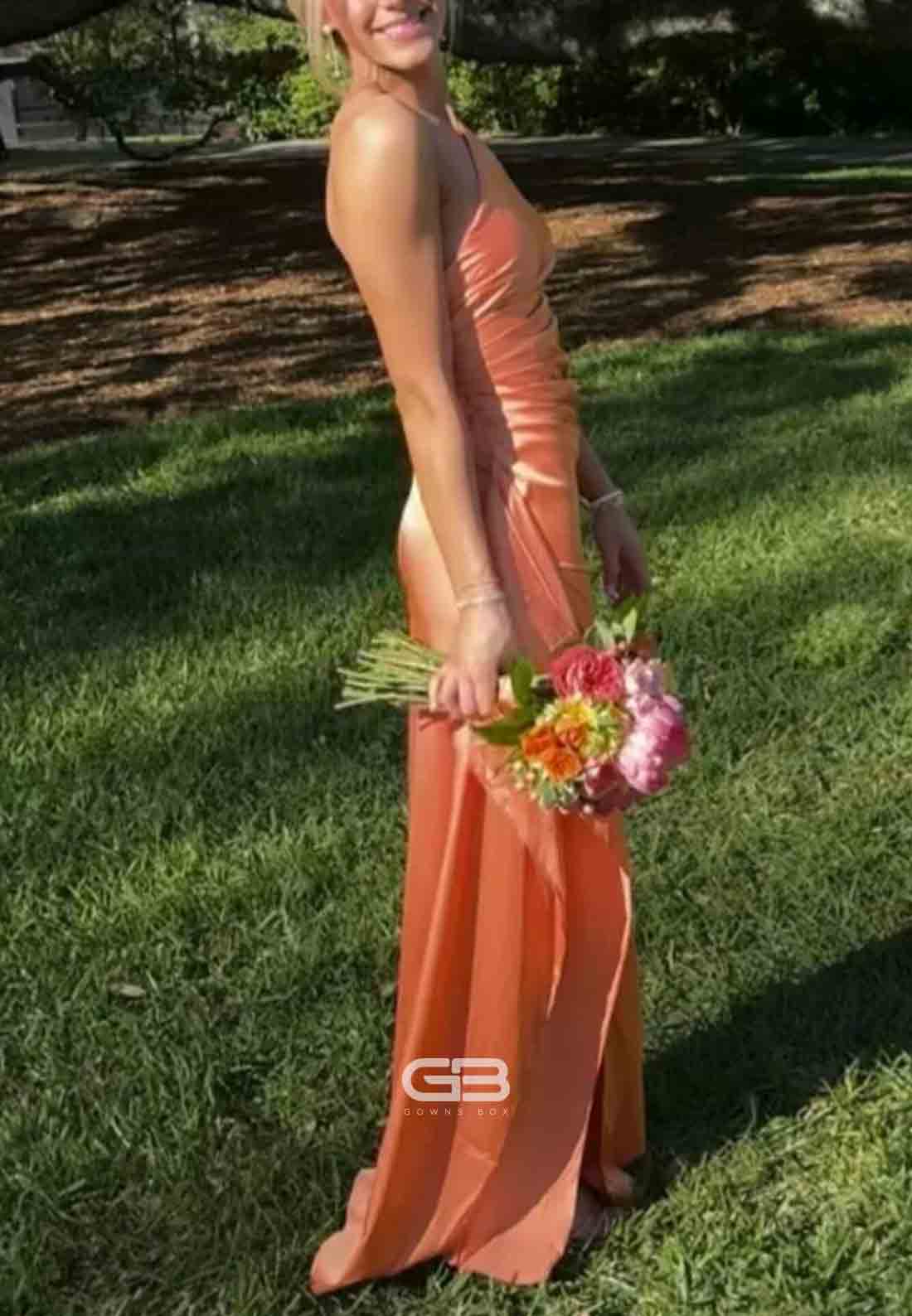 One Shoulder Blush Pink Ruched Long Prom Dress with Slit 