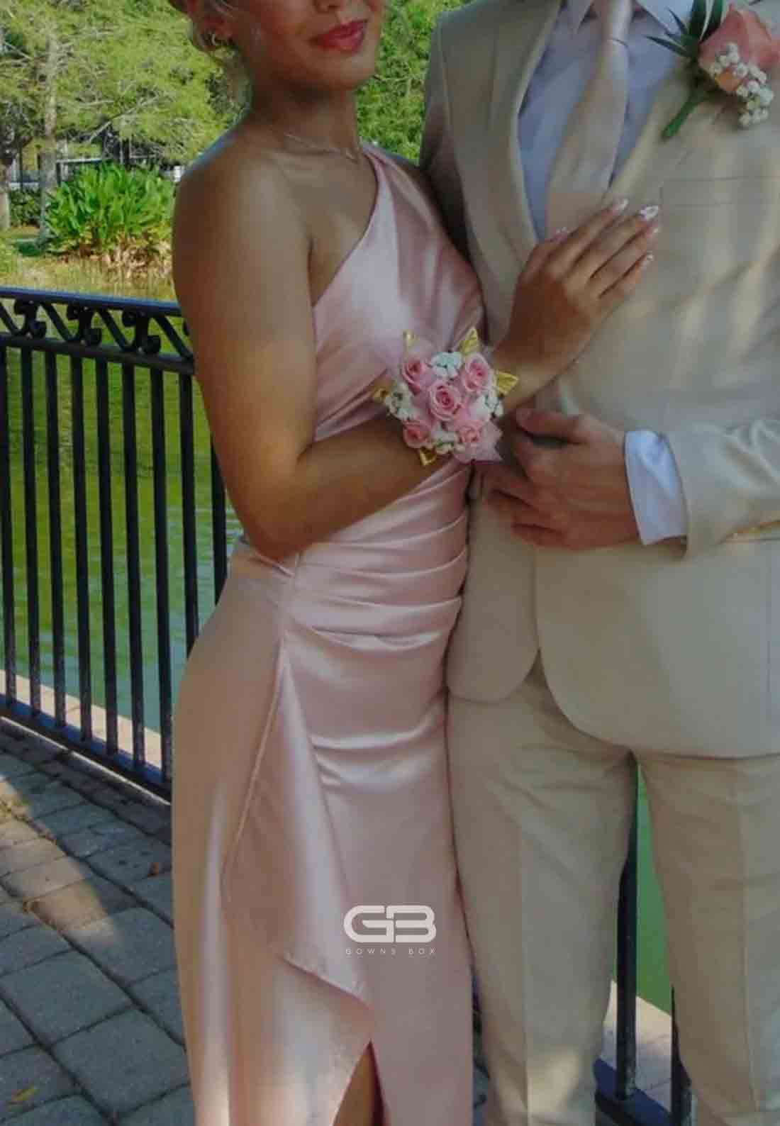 One Shoulder Blush Pink Ruched Long Prom Dress with Slit 